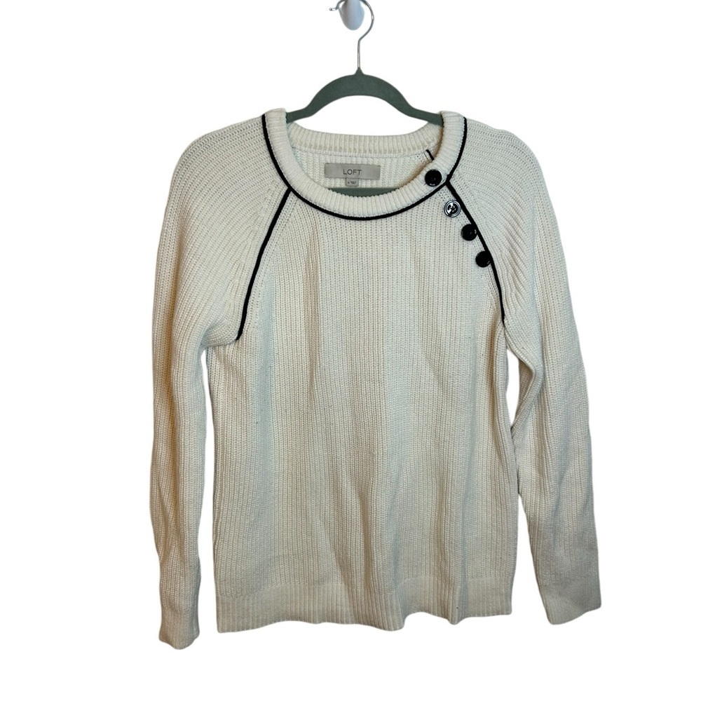 Loft Cream Cable Knit Crewneck Button Sweater